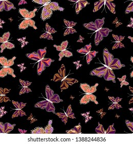 Colorful folk vector seamless pattern with butterflies. Suitable for packaging, paper, fabric. Colored butterflies on a brown, black and purple background.