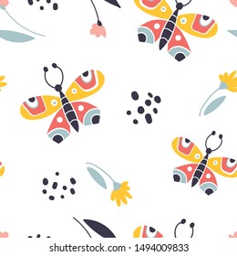 Colorful folk vector seamless pattern with butterflies and flowers. Moths in scandinavian style. Great for fabric, textile. Vector background.