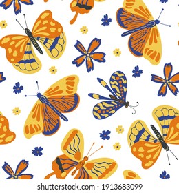Colorful folk vector seamless pattern with butterflies and flowers on white background.