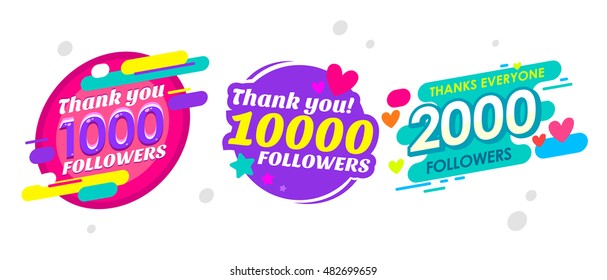 Colorful Follow Banner Template. Set of thank you followers label, badges, stickers, card for social media networks. Isolated speech followers emblem.