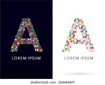 A ,Colorful font, concept mosaic pattern,designed using colors triangle geometric shape. on dark and white background, sign ,logo, symbol, icon, graphic, vector.