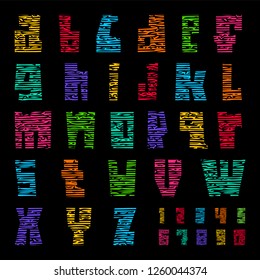 Colorful font with cracks. Trendy alphabet, bright colored vector letters, lowercase.