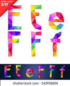 Colorful font of patches. Vector illustration. Letters  e f