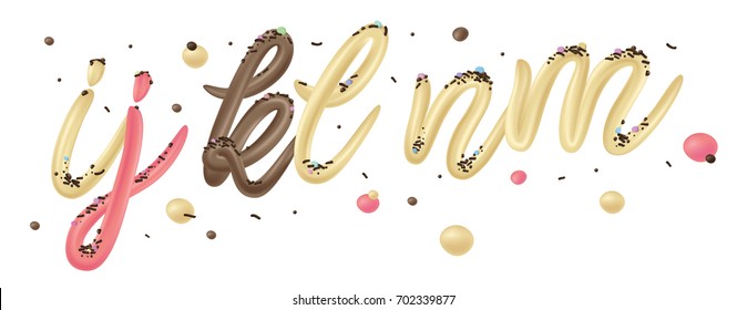 Colorful font set with letters i, j, k, l, n, m isolated on white background. Alphabet set made of chocolate, vanilla and strawberry Ice cream. Dessert font. Typography vector illustration.
