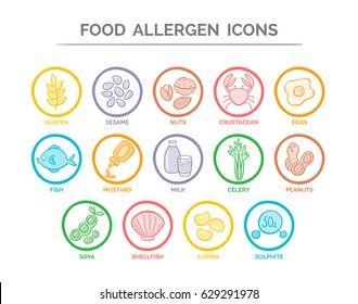 Colorful food allergen icon set. 14 food ingredients that must be declared as allergens in the EU. Useful for restaurants and meals. Hand drawn color version.