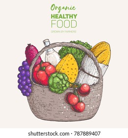 Colorful food basket illustration. Farmers products. Farm market label. Organic healthy food logo. Hand drawn design for packaging. Colorful image.  EPS 10