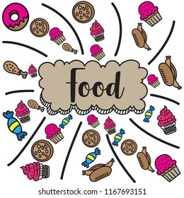 colorful food doodle illustration on white background
