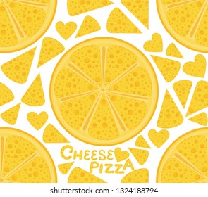 Colorful food and drink vector seamless pattern with pizzas and handwritten words "cheese pizza"
