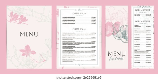 Colorful food and drinks menu designs. Restaurant menu template. Beautiful vector A4 format with high quality flowers for print and online usage. Pastel hand drawn line art magnolia illustrations. 
