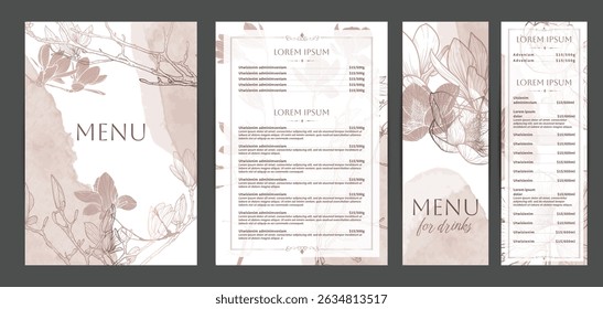 Colorful food and drinks menu designs. Restaurant menu template. Beautiful vector A4 format with high quality flowers for print and online usage. Pastel hand drawn line art magnolia illustrations. 