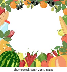 Colorful food frame made of watermelon,pumpkin,tomato, chili pepper and sweet, orange.olives, loaves.milk, sausage, cheese on a white background.Vector illustration can be used in textiles.supermarket