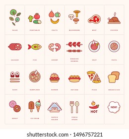 Colorful food icon set isolated on background. Flat style. Vector illustration