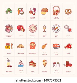 Colorful food icon set isolated on background. Flat style. Vector illustration