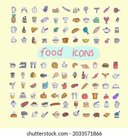 colorful food icon set in sticker style hand drawn isolated on yellow background