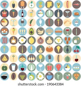 Colorful Food icons. Circle Fruit and vegetable App Set in Trendy Flat Style. Kitchen and restaurant items.