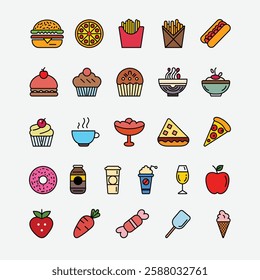 Colorful Food Icons | Fast Food, Sweets And  Drinks | Burger, Pizza, Coffee, Ice Cream, Donut, Candy, Fruits, Juice, Noodles, Hotdog, Fries, Tea, Wine, Cupcake, Carrot, Strawberry, Popsicle, Salad