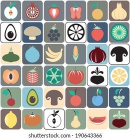 Colorful Food icons. Fruit and vegetable App Set in Trendy Flat Style. Kitchen and restaurant items.