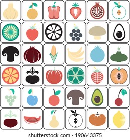 Colorful Food icons. Fruit and vegetable App Set in Trendy Flat Style. Kitchen and restaurant items.
