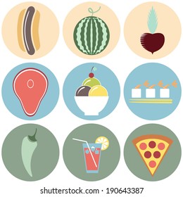 Colorful Food icons. Fruit and vegetable App Set in Trendy Flat Style. Kitchen and restaurant items.