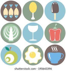 Colorful Food icons. Fruit and vegetable App Set in Trendy Flat Style. Kitchen and restaurant items.