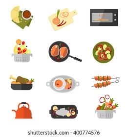 Colorful food icons on white background. Vector illustration. 