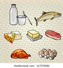 Colorful Food Icons Set  (milk, cheese, butter, eggs, fish and chicken). Vector illustration.