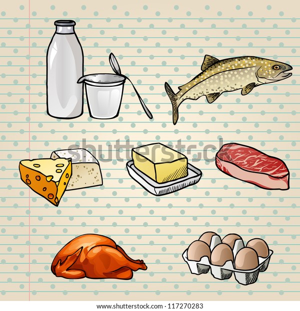 カラフルな食べ物アイコンセット 牛乳 チーズ バター 卵 魚 鶏 ベクターイラスト のベクター画像素材 ロイヤリティフリー