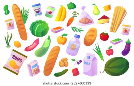 Produtos alimentares coloridos e mantimentos em um fundo branco. Ilustração vetorial