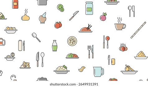 Comida colorida e utensílios de cozinha projeto padrão para várias aplicações