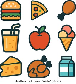 Colorful food and minimalist line icon set. Vector icon set of food items, flat design, healthy diet food groups, including meat.
