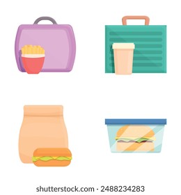 Colorful food packaging vector icons illustration design set for fast food, snack, meal, and lunch