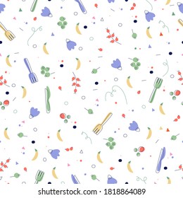 Colorful food pattern for kids. Cute Flower Pattern. Seamless Vector Background. Food and ingredients pattern. Food doodle texture for trendy fashion. Prints for Kids and Babies. Vector illustration