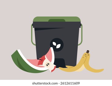 Colorful food scraps gather around a compost bin, showcasing a vibrant mix of discarded fruit and vegetable remnants, emphasizing the importance of eco-friendly waste management in the kitchen