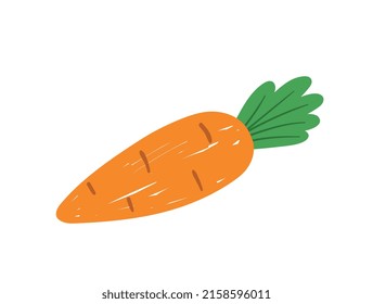 Colorful food sticker. Hand drawn icon with fresh orange carrots. Ripe vegetable with vitamin A and minerals. Ingredient for cooking. Cartoon flat vector illustration isolated on white background