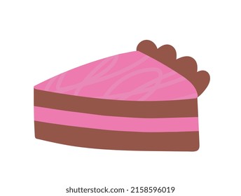 Colorful food sticker. Hand drawn texture icon with piece of delicious sweet cake. Chocolate dessert or pastries. Design for menu. Cartoon flat vector illustration isolated on white background