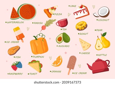 Colorful food stickers. Set of icons with watermelon, pizza, cake, ice cream, pumpkin, fish, avocado and donut. Design elements for websites. Cartoon flat vector collection isolated on pink background