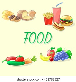 Colorful food vector illustration in cartoon style. Fast food, vegetables, fruits and bakery.