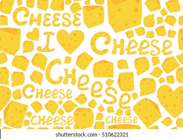 Colorful food vector seamless pattern with cheese slices and handwritten words "Cheese"