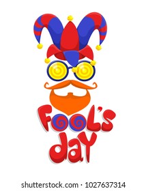 Colorful fools day concept with joker hat funny glasses red mustache beard and inscription isolated vector illustration