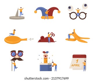 Colorful Fools day doodles set. Set of April fools day logo design,sticker,Label element Vector Illustration