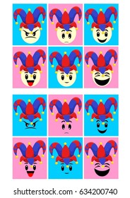 Colorful Fools Day emoticons set with faces of different expressions in joker hat isolated vector illustration