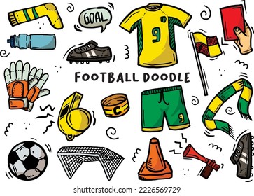 Colorful football illustration, doodle or hand drawn style.