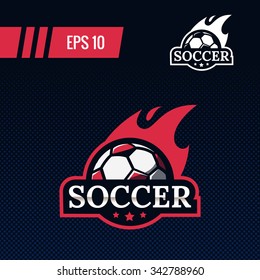 Colorful football soccer ball with fire tail sports logo label on dark background. Vector isolated illustration.