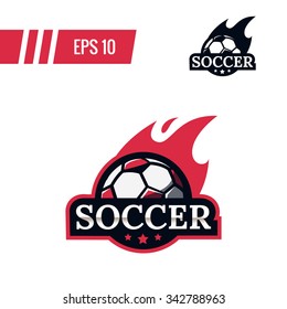 Colorful football soccer ball with fire tail sports logo label on white background. Vector isolated illustration.