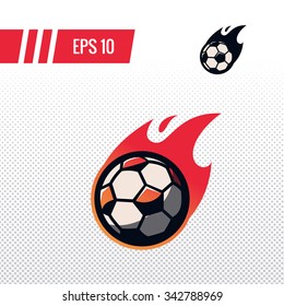 Colorful football soccer ball with fire tail sports logo label on white background. Vector isolated illustration.