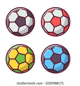 Colorful football and soccer balls set. Sport activity icons isolated on white. Multicolor footballer ball logo or label template.