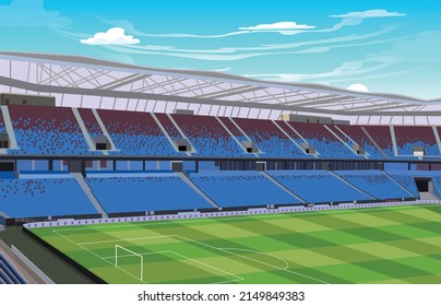 A Colorful Football Stadium With Field, Gellery,sky,clouds, Goal Post In Cartoon Style.A Beautiful And Large Football Stadium With Summer Sky And Field. Landscape  Vector Illustration In Cartoon Style