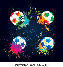 The colorful footballs on a black background. Vector illustration.