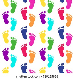 Colorful footsteps. Traces of feet barefoot. Seamless pattern with children's footprints. Vector illustration.