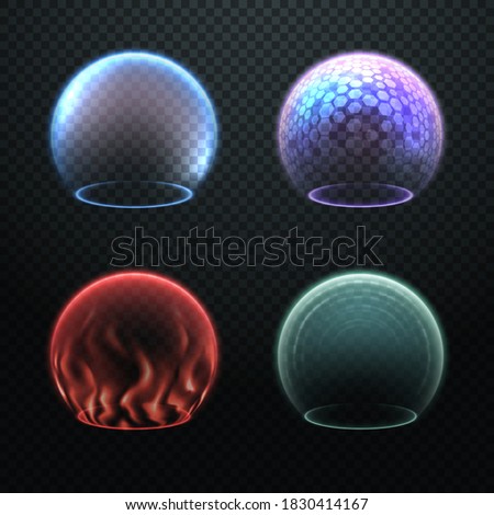 Colorful force field set isolated on transparency background, various protection sphere, force bubble, energy shield or defense field illustrations, deflector, barrier, science fiction design element 